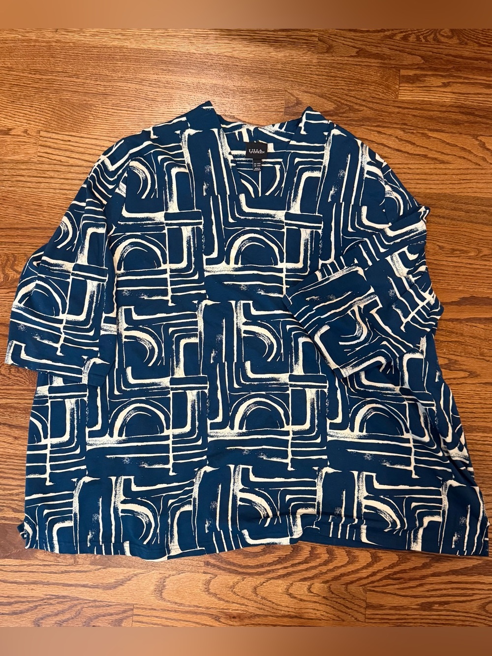 Ulla Popken Blue and White Geometric Long Sleeve